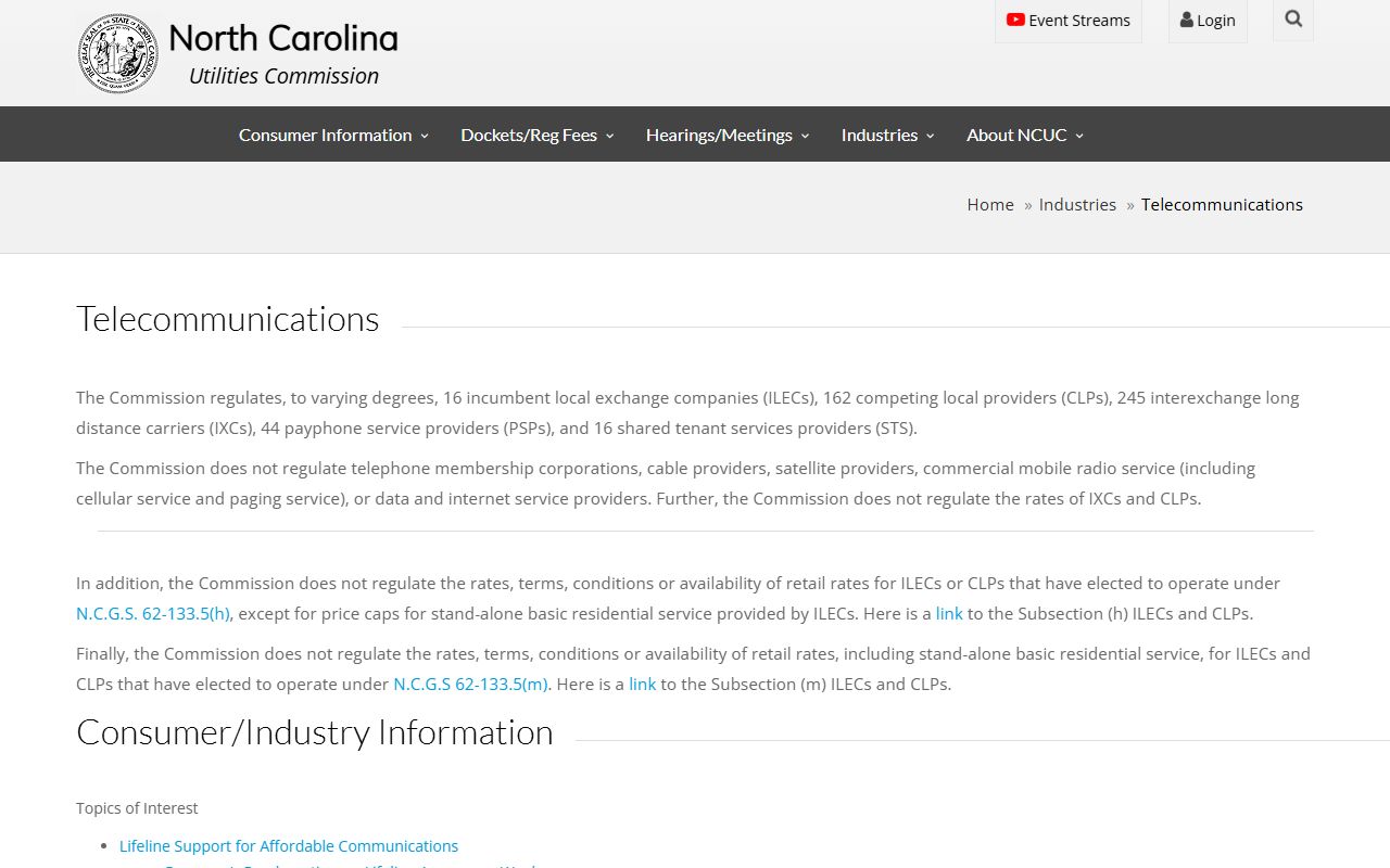 North Carolina Utilities Commission telecommunications page for area-code and telecom oversight context